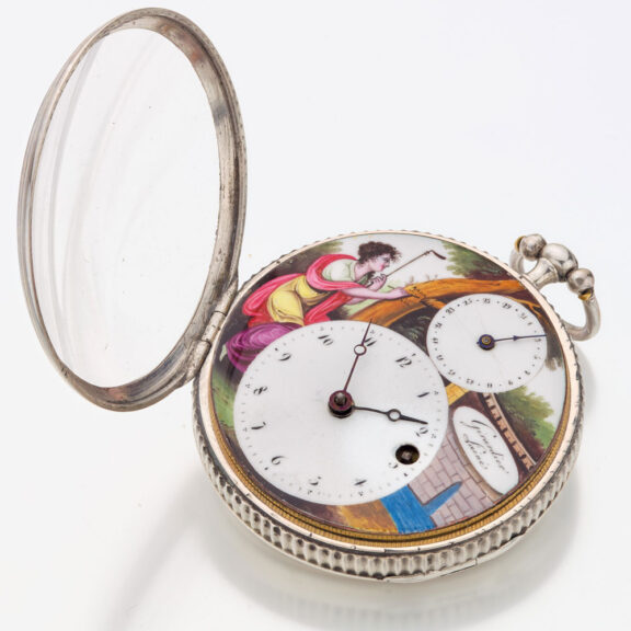 Swiss silver verge watch with enamel and date Circa 1790 Swiss silver verge watch with enamel and date Circa 1790