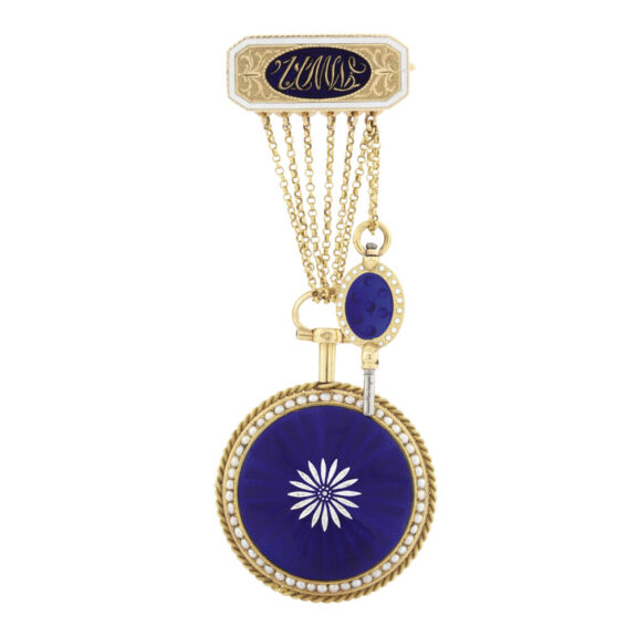 French gold, enamel cylinder with chain and key Circa 1800 French gold, enamel cylinder with chain and key Circa 1800