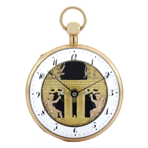 A fine gold open faced quarter repeating automaton verge watch circa 1820