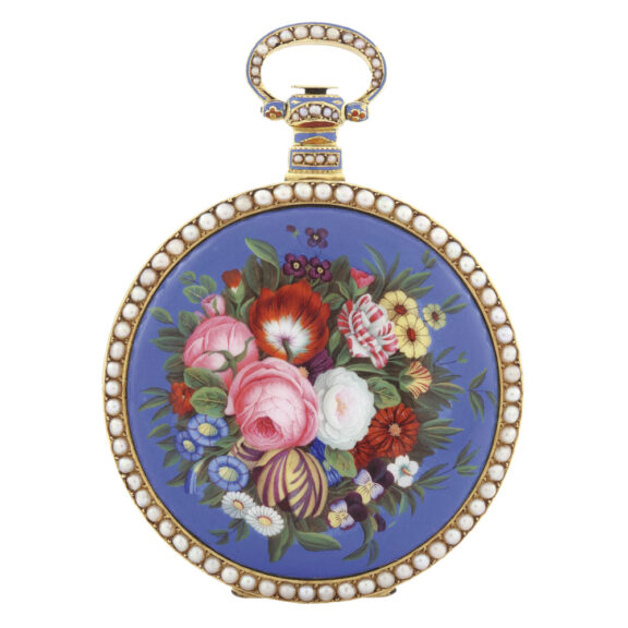 Swiss enamel and pearl-set centre seconds watch Circa 1800