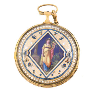 Case back with a finely painted on enamel figure of the goddess Ceres holding a cornucopia in a classical landscape