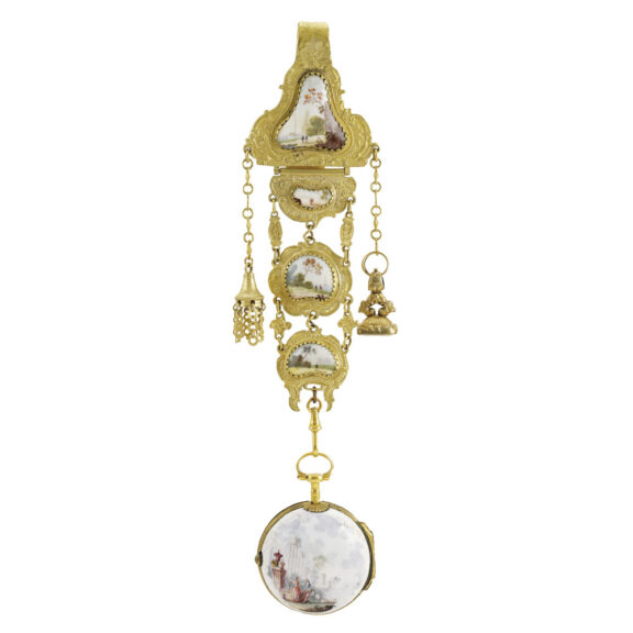 Gold Swiss enamel and porcelain chatelaine watch Circa 1780