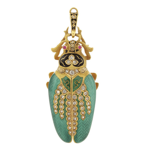 Gold Swiss enamel and diamond set scarab watch Circa 1880 Gold Swiss enamel and diamond set scarab watch Circa 1880