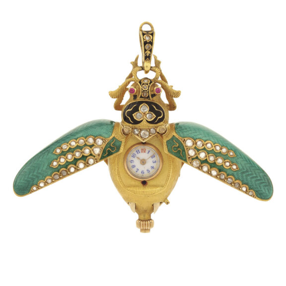 Gold Swiss enamel and diamond set scarab watch Circa 1880 Gold Swiss enamel and diamond set scarab watch Circa 1880