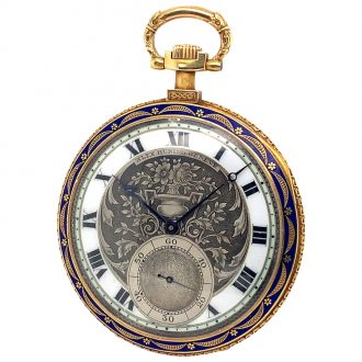 Flat decorative Swiss gold enamel lever pocket watch, circa 1910