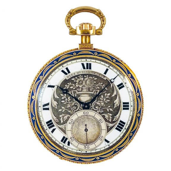 Flat decorative Swiss gold enamel lever pocket watch, circa 1910