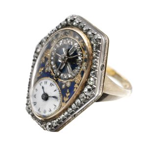 Rare Swiss gold, enamel and diamond ring watch Circa 1800