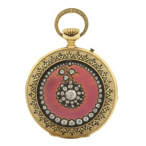 Gold French enamel and diamond-set keyless lever Crca 1880