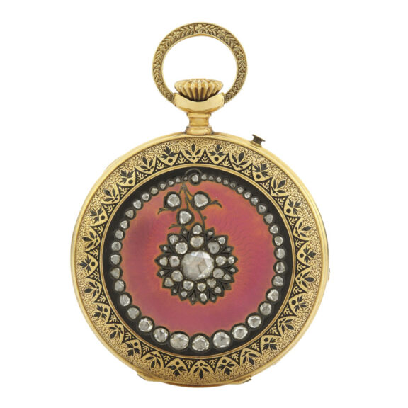 Gold French enamel and diamond-set keyless lever Crca 1880