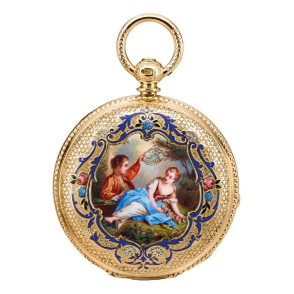 Swiss yellow gold and enamel hunting cased lever Circa 1850 Swiss yellow gold and enamel hunting cased lever Circa 1850
