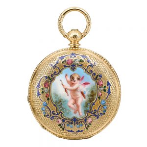Swiss yellow gold and enamel hunting cased lever Circa 1850