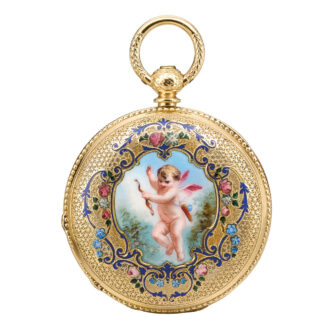 Swiss yellow gold and enamel hunting cased lever Circa 1850