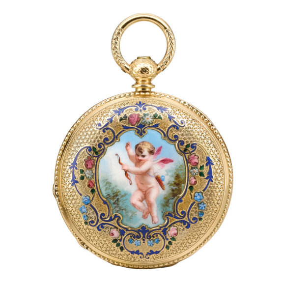 Swiss yellow gold and enamel hunting cased lever Circa 1850