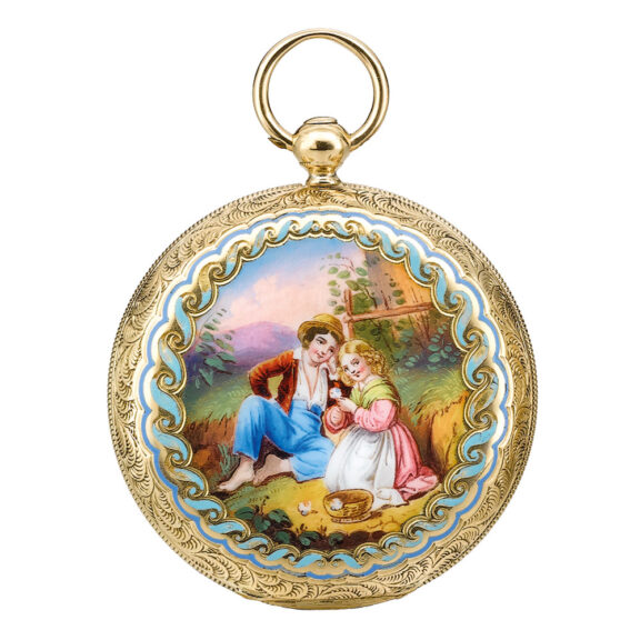 Swiss 18k gold and enamel hunting cased watch Circa 1840 Swiss 18k gold and enamel hunting cased watch Circa 1840