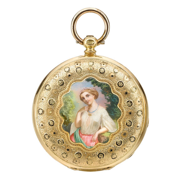 Swiss yellow gold and enamel hunting-cased lever Circa 1840