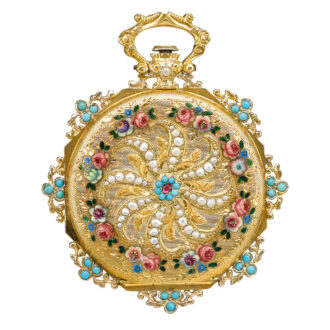 Swiss slim, gold, enamel, turquoise pearl set watch Circa 1830