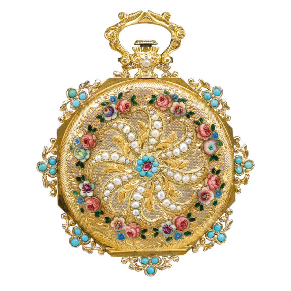 Swiss slim, gold, enamel, turquoise pearl set watch Circa 1830 Swiss slim, gold, enamel, turquoise pearl set watch Circa 1830