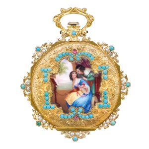 Swiss slim, gold, enamel, turquoise pearl set watch Circa 1830