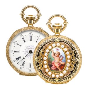 Swiss gold enamel seed pearl pendant watch Circa 1890