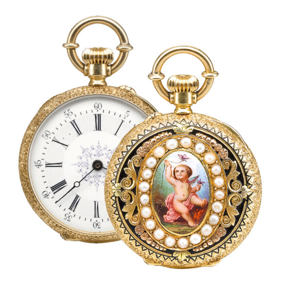 Swiss gold enamel seed pearl pendant watch Circa 1890