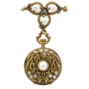 Swiss gold, pearl, diamond-set watch with brooch Circa 1915