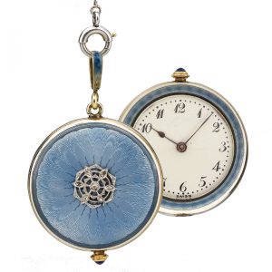 Swiss gold, enamel, diamond-set watch with chain Circa 1900