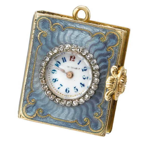 Swiss gold and enamel book-form pendant watch Circa 1880 Swiss gold and enamel book-form pendant watch Circa 1880