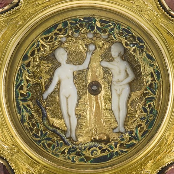English gold repoussé verge watch with automata Circa 1700 English gold repoussé verge watch with automata Circa 1700