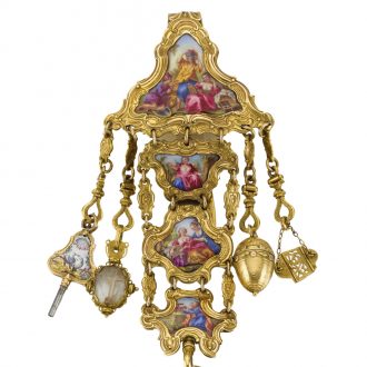 English gold enamel watch with a matching chatelaine Circa 1770