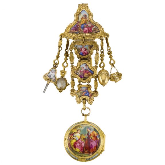 English gold enamel watch with a matching chatelaine Circa 1770