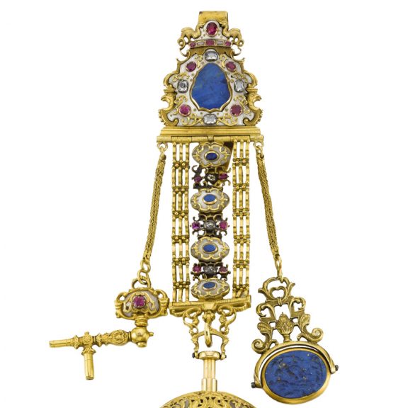 Continental gold lapis lazuli verge watch with chatelaine Circa 1750 Continental gold lapis lazuli verge watch with chatelaine Circa 1750