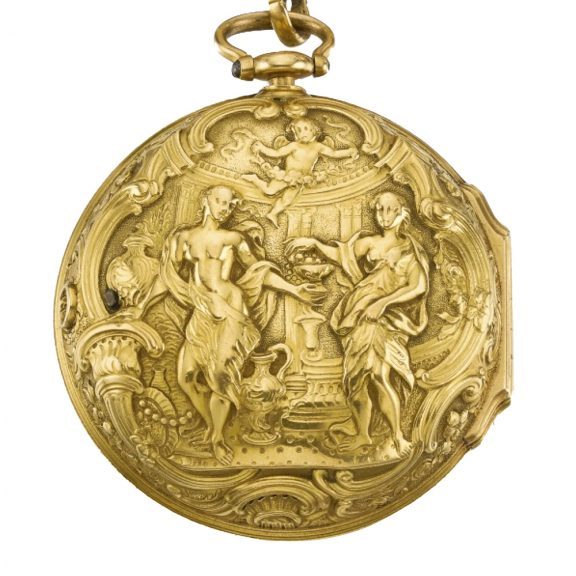 Unsigned gold repoussé verge watch with Chatelaine Circa 1765 Unsigned gold repoussé verge watch with Chatelaine Circa 1765
