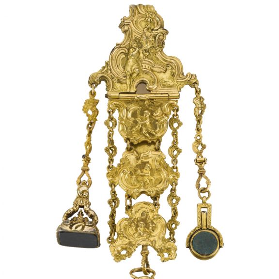 Unsigned gold repoussé verge watch with Chatelaine Circa 1765 Unsigned gold repoussé verge watch with Chatelaine Circa 1765