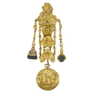 Unsigned gold repoussé verge watch with Chatelaine Circa 1765