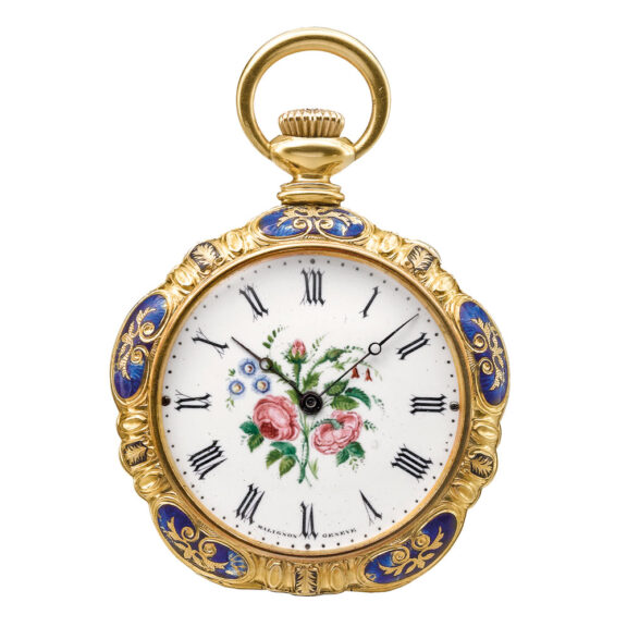 Swiss yellow gold and enamel open faced watch Circa 1890 Swiss yellow gold and enamel open faced watch Circa 1890