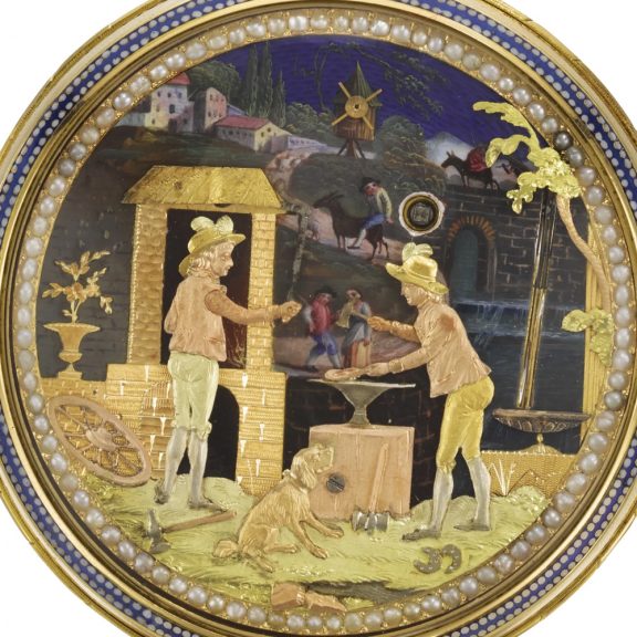 Swiss gold pocket watch with automata scene Circa 1810 Swiss gold pocket watch with automata scene Circa 1810
