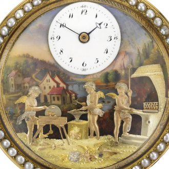 Swiss gold, enamel and pearl automaton watch Circa 1810
