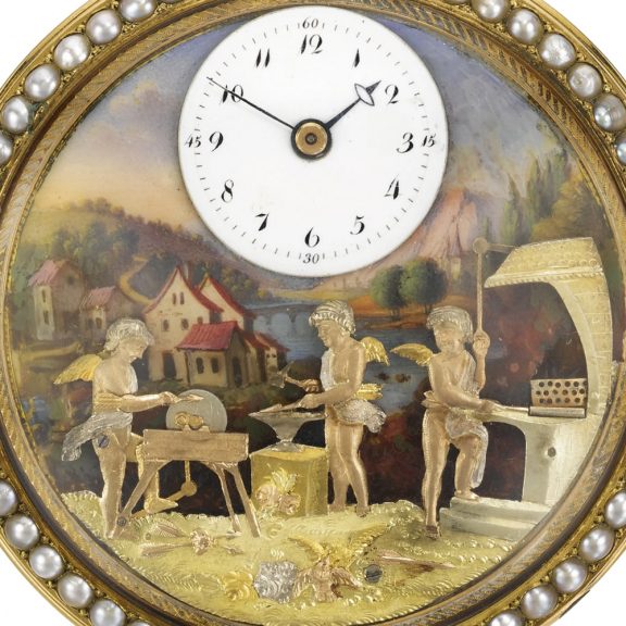 Swiss gold, enamel and pearl automaton watch Circa 1810 Swiss gold, enamel and pearl automaton watch Circa 1810