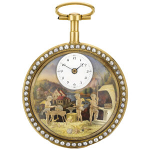 Swiss gold, enamel and pearl automaton watch Circa 1810