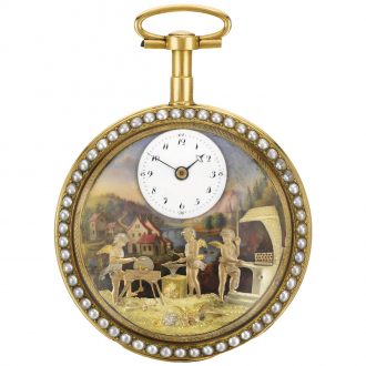 Swiss gold, enamel and pearl automaton watch Circa 1810
