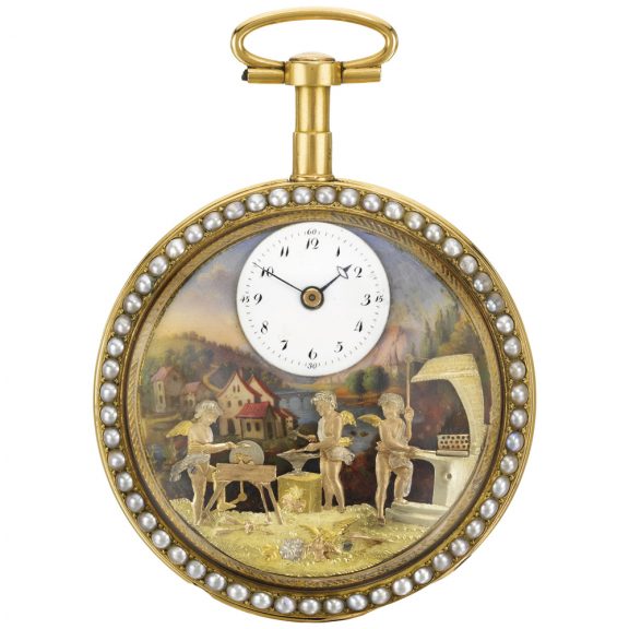 Swiss gold, enamel and pearl automaton watch Circa 1810
