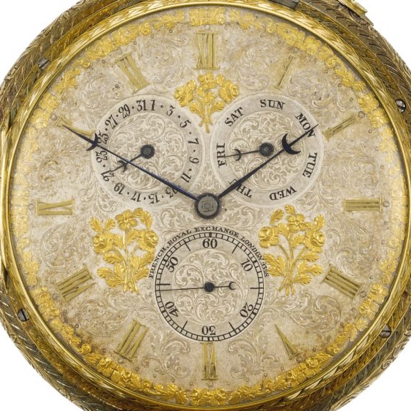 English gold full hunter repeating watch with calendar Circa 1845 English gold full hunter repeating watch with calendar Circa 1845