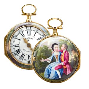 Swiss yellow gold and enamel open faced watch Circa 1760