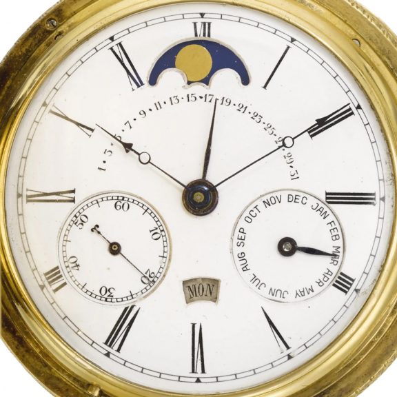 English repeating calendar watch with moon phases Circa 1880 English repeating calendar watch with moon phases Circa 1880