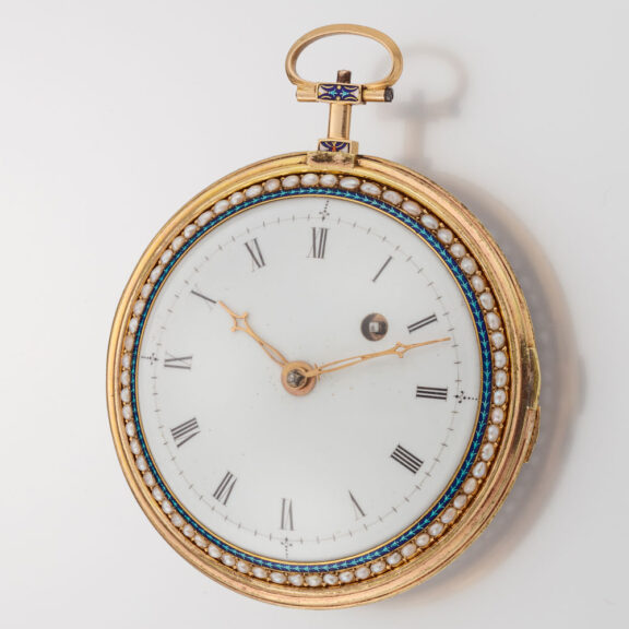 A French 18K gold watch with pearls on both sides Circa 1800 A French 18K gold watch with pearls on both sides Circa 1800