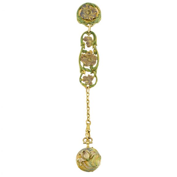 Swiss gold enamel art nouveau lady’s pendant watch Circa 1905 Swiss gold enamel art nouveau lady’s pendant watch Circa 1905