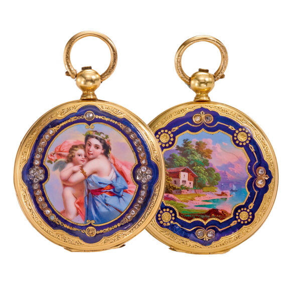 Swiss 18k gold, enamel and diamond set watch Circa 1850 Swiss 18k gold, enamel and diamond set watch Circa 1850