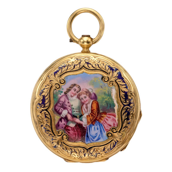 Swiss yellow gold and enamel open faced watch Circa 1850