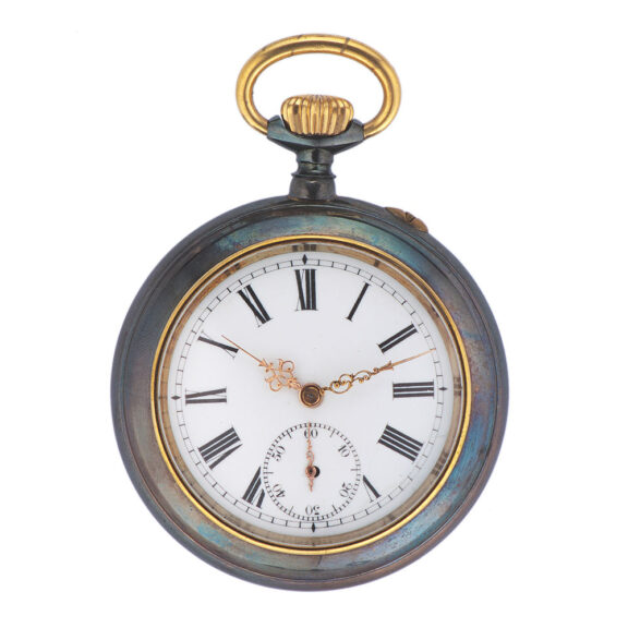 Unsigned, unusual open faced gun metal keyless pocket watch with erotic automaton. Made circa 1870