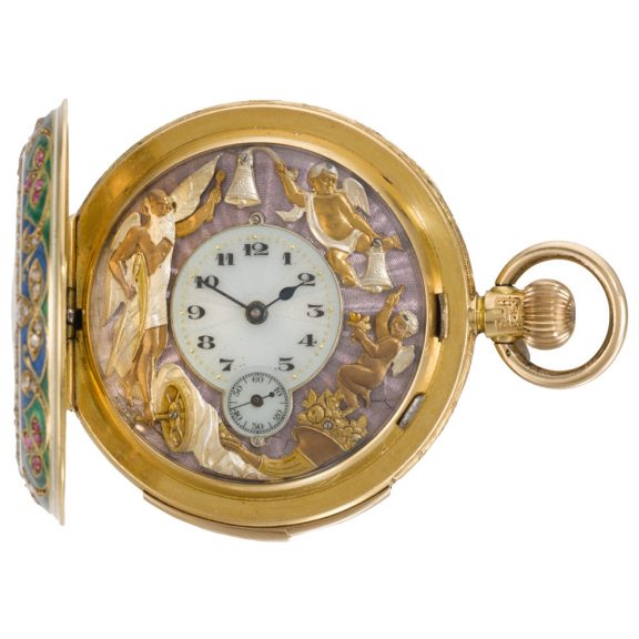 Swiss minute repeating half hunter with automaton Circa 1910 Swiss minute repeating half hunter with automaton Circa 1910